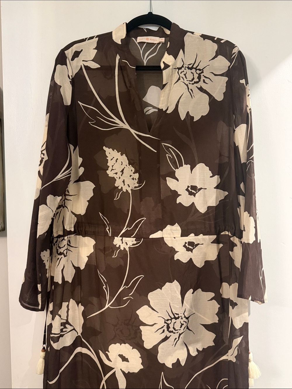 Tory Burch Brown Swim Coverup Tunic with Cream Floral Motif